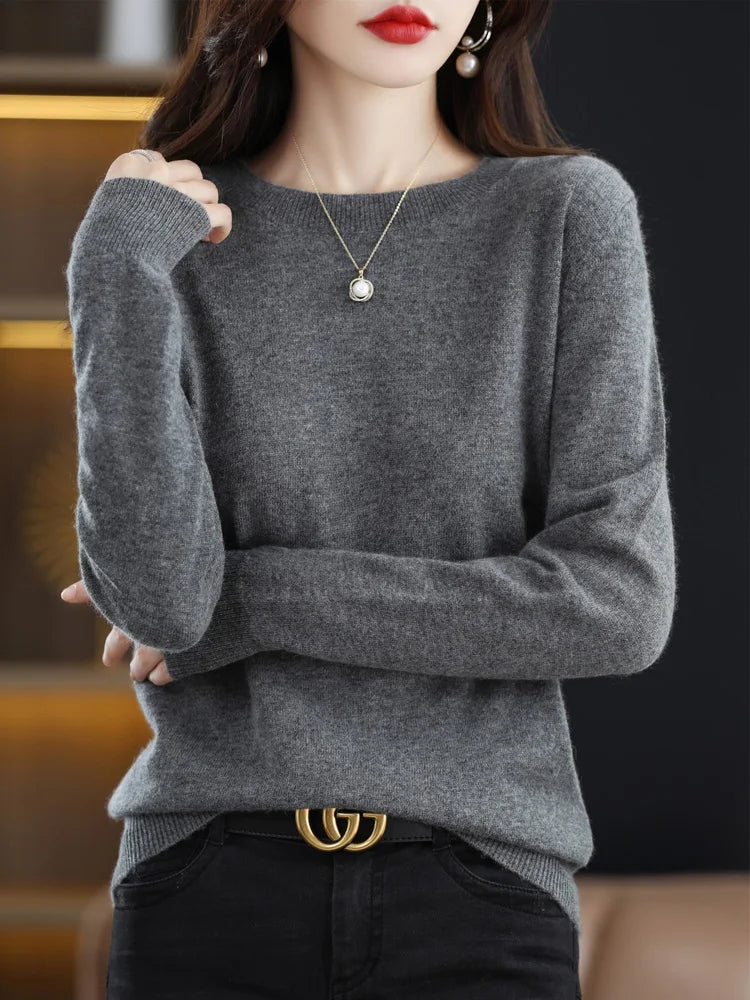 Fashion 100% Merino Wool Women's Sweater O-Neck Long Sleeve Pullover
