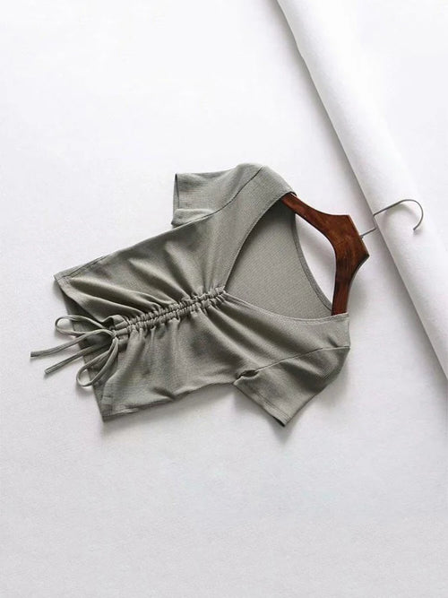 Sexy V Neck Cropped Tank Tops Women Drawstring Tie Up Front Camis