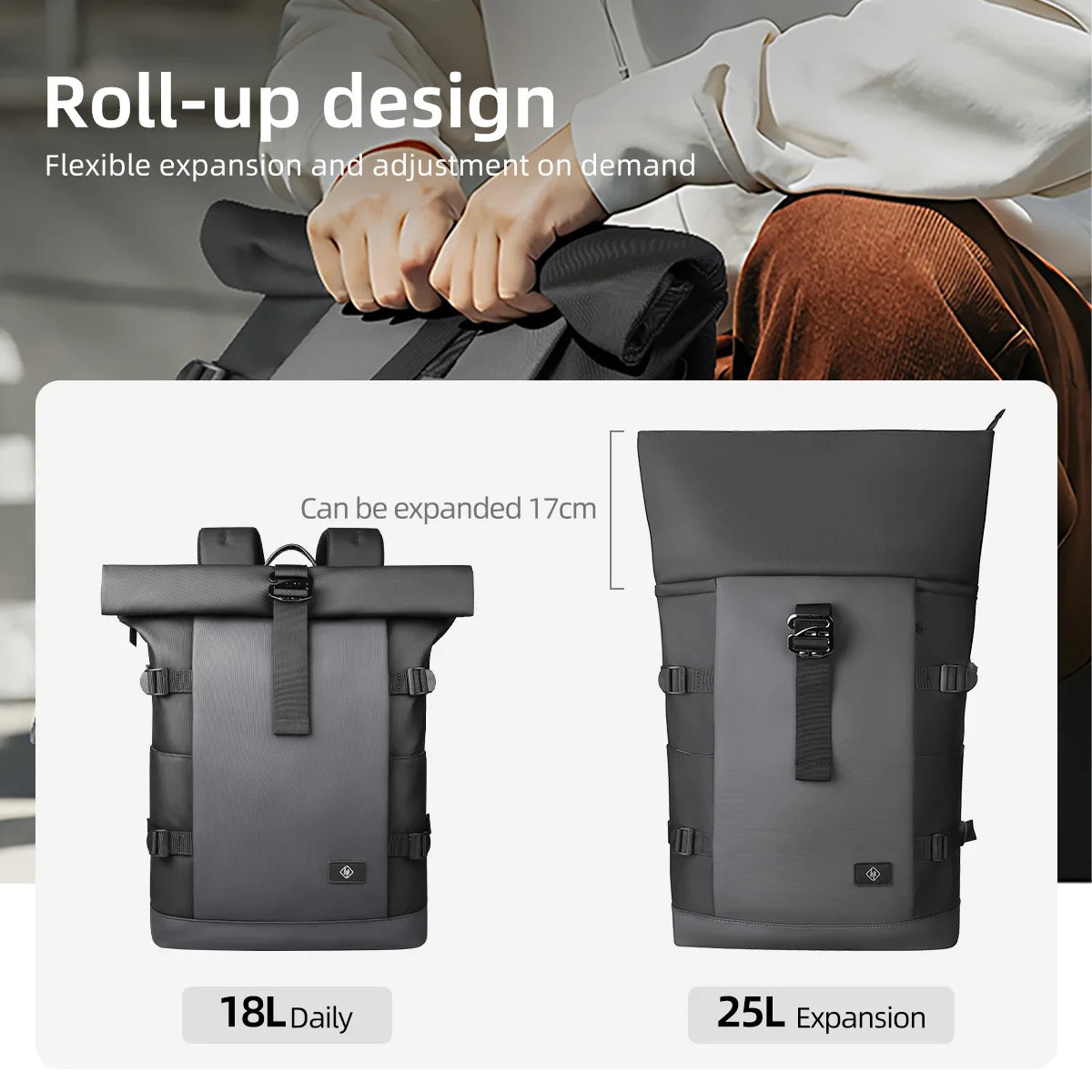 HK Waterproof Roll-Top Backpack for Men Large Capacity Expandable 17