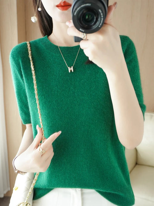New Short-sleeved Knitwear Women O-neck T-shirt Wool Cotton Blend