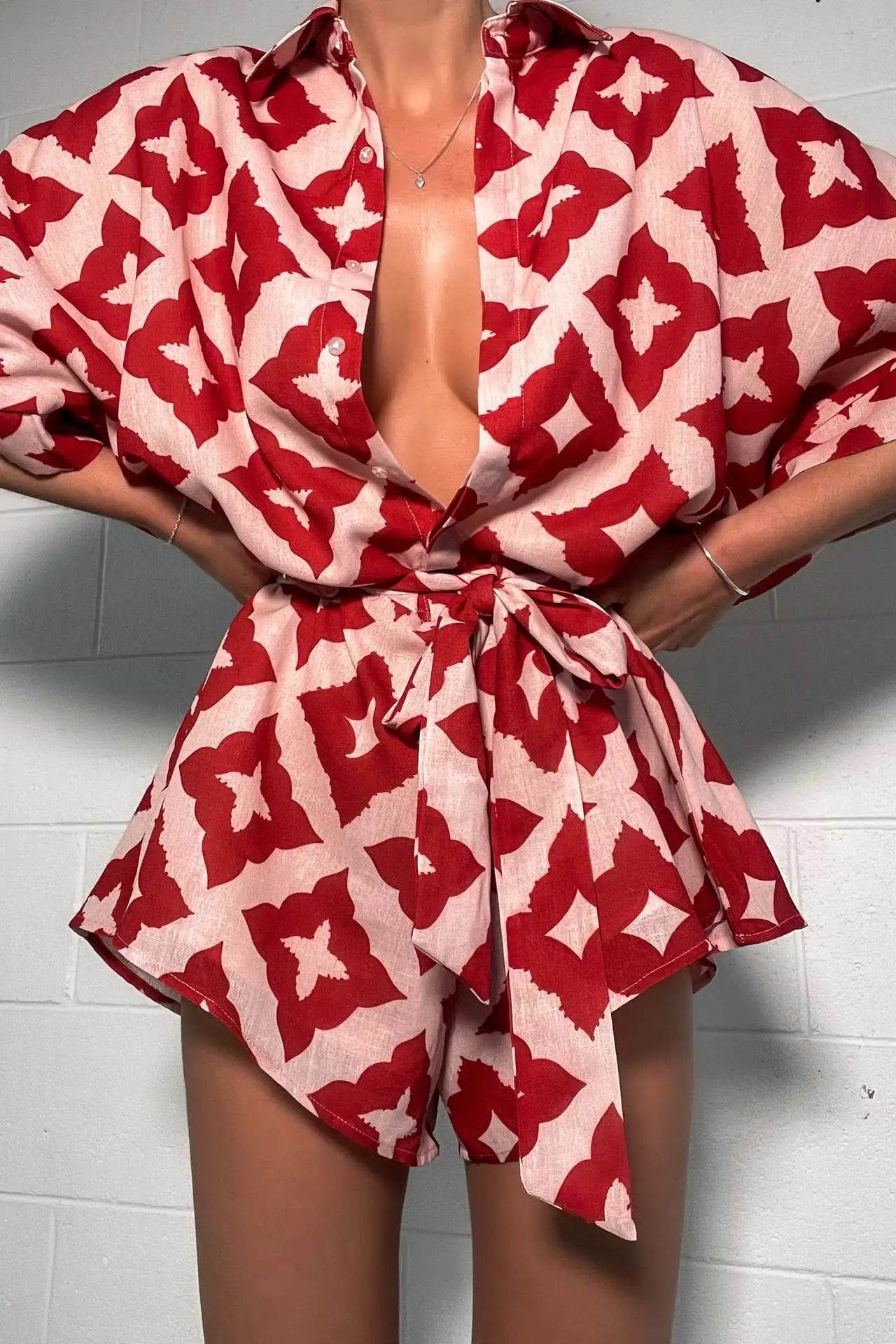2024 New Autumn Women Loose casual Print Strap Jumpsuit Red Print Bow