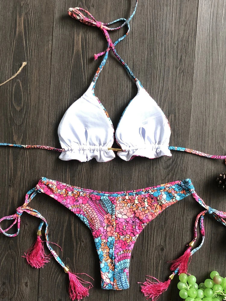 2022 Sexy Bikini Floral Print Swimwear String Bikini Set Push Up