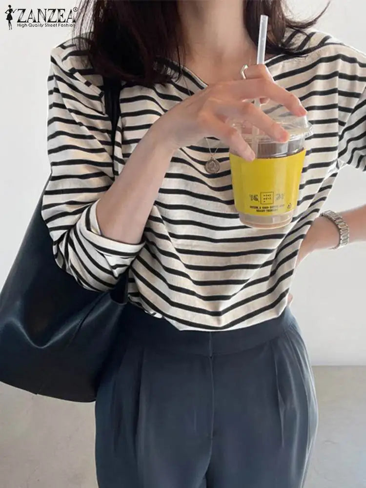 ZANZEA Fashion Striped Blouse Women Elegant Square Neck Long Sleeve