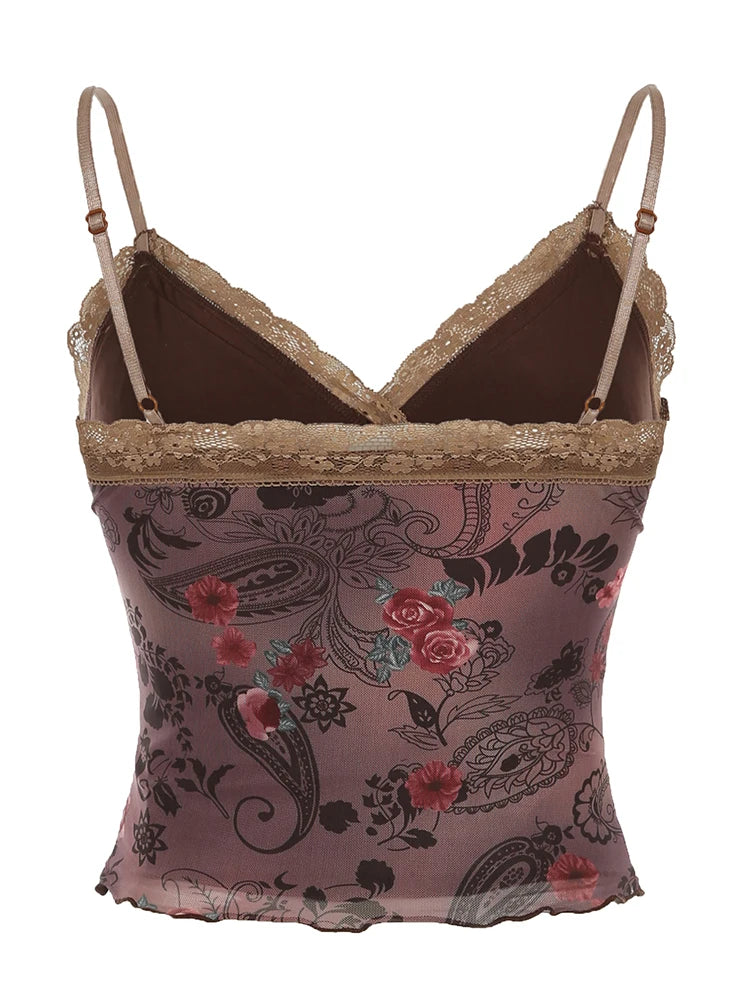 Rockmore Vintage Tulle Patchwork Floral Print Camis Women Mesh Lace