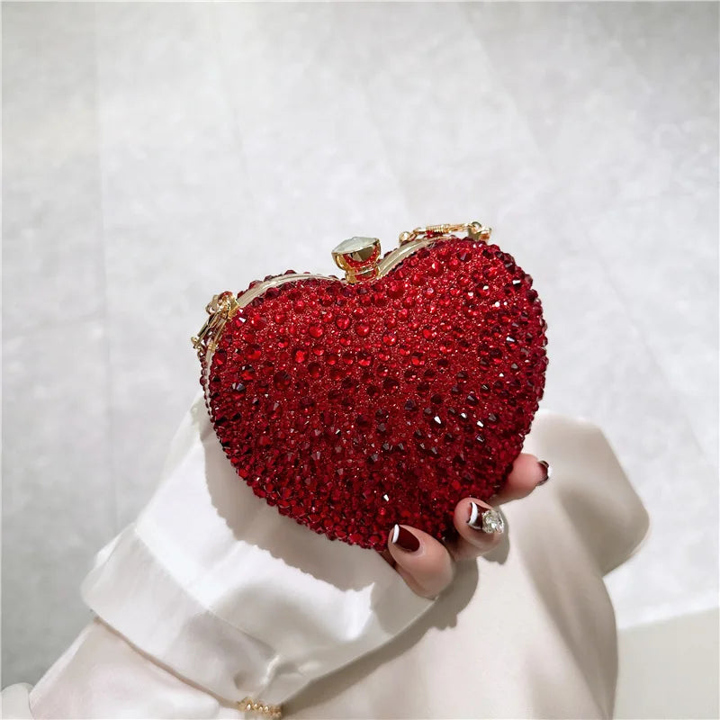 Luxury Diamond Inlay Heart Shape Crystal Clutch Purse Stones Evening