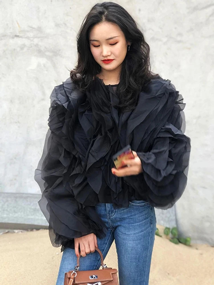 TWOTWINSTYLE Elegant Patchwork Ruffles Chiffon Blouses Women O Neck