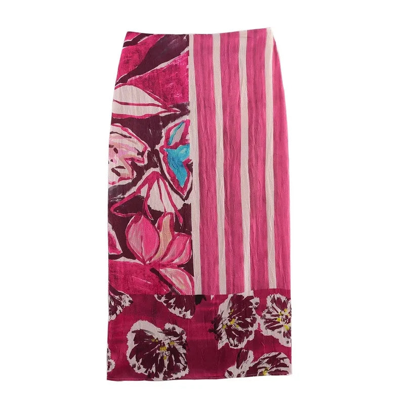 MUJER Print Satin Long Skirts for Women High Waist Midi Skirt Woman