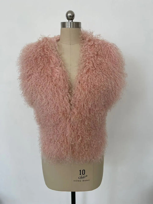Fluffy Luxury  Real Mongolian Fur Halter Vests Women Solid Deep V-Neck