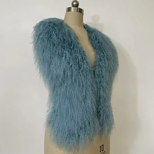 Fluffy Luxury  Real Mongolian Fur Halter Vests Women Solid Deep V-Neck