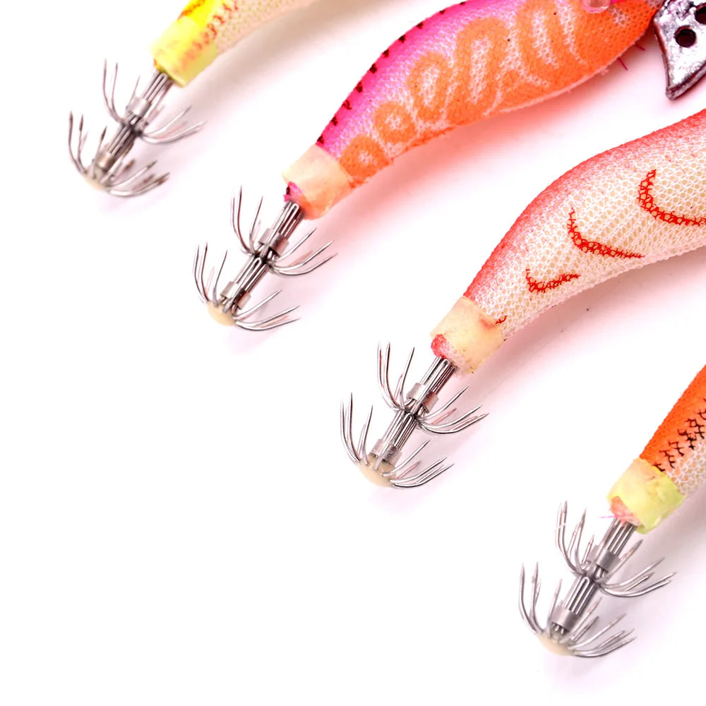 4PCS Fishing Lures Wrapped Prawn Lure Octopus Shrimp Wood Baits Squid