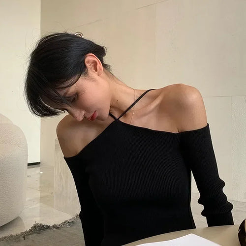 Women Crop Sweater Sexy Off Shoulder Slim Knitted Sweaters Long Sleeve