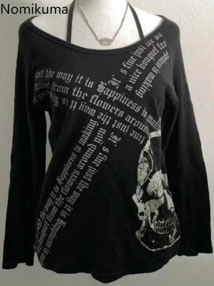 Harajuku T Shirts for Women Skull Print Slash Neck Y2k Tops Fashion