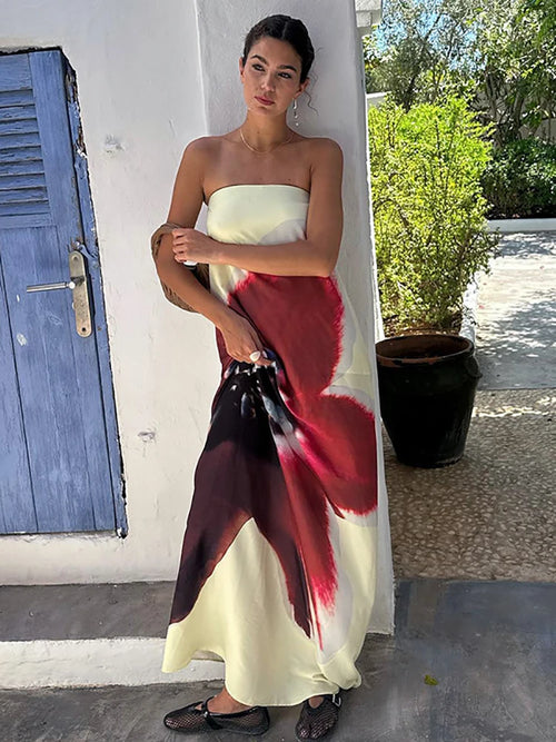 JULISSA MO Sexy Strapless Print Floral Belt Women Maxi Dress Yellow