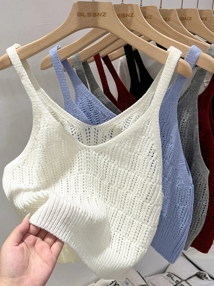 Korea Knitted Vests Women Top V-neck Solid Tank Blusas Mujer De Moda