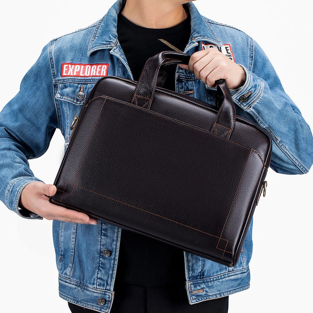 Men's leather handbag, top layer cowhide briefcase, leather laptop