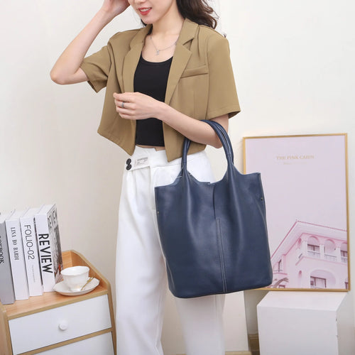 Genuine Leather Commuter Tote Bag Simple Ladies Soft Cowhide Tote
