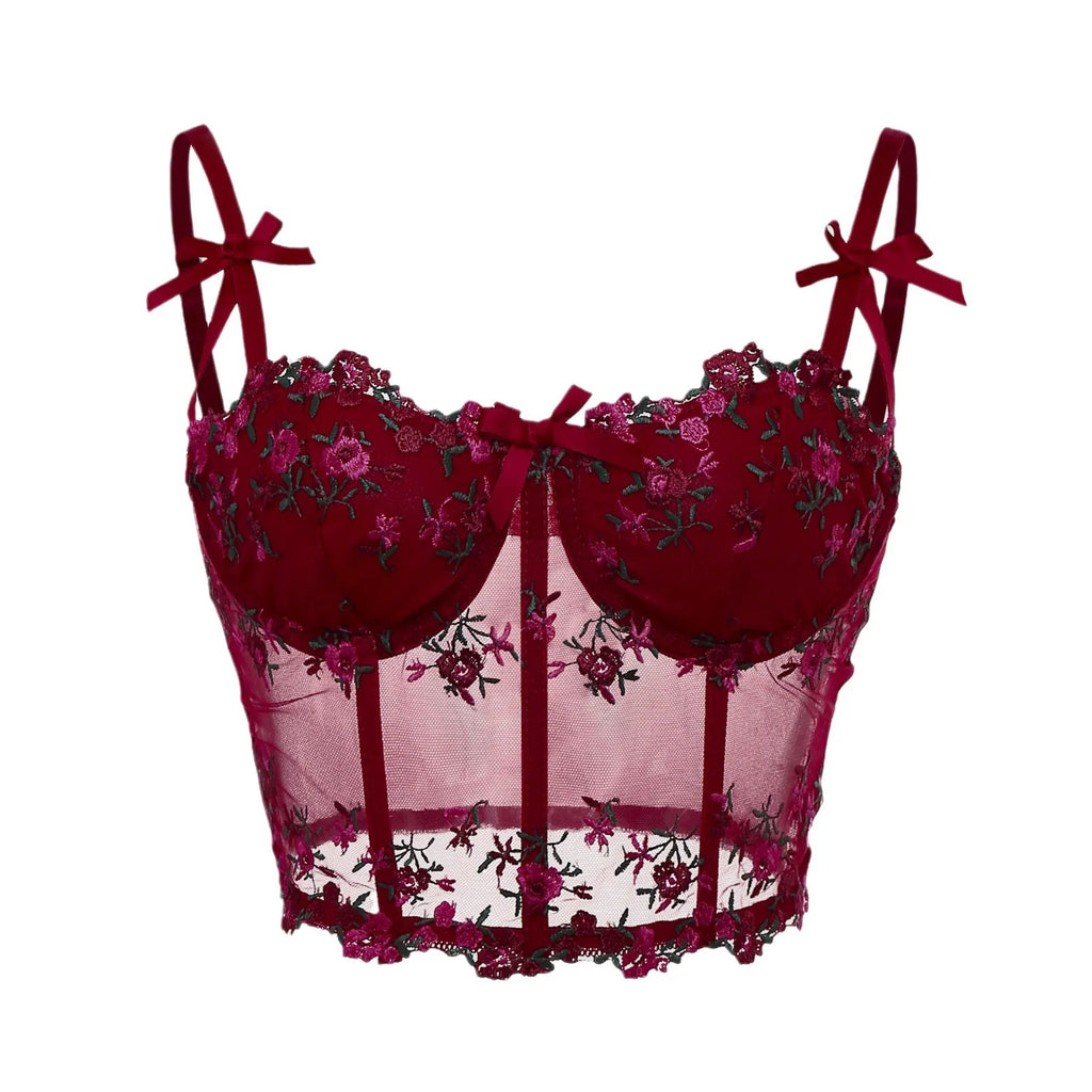 Sexy Lace Floral Embroidery Bow Corset For Women Camisole Sheer Mesh