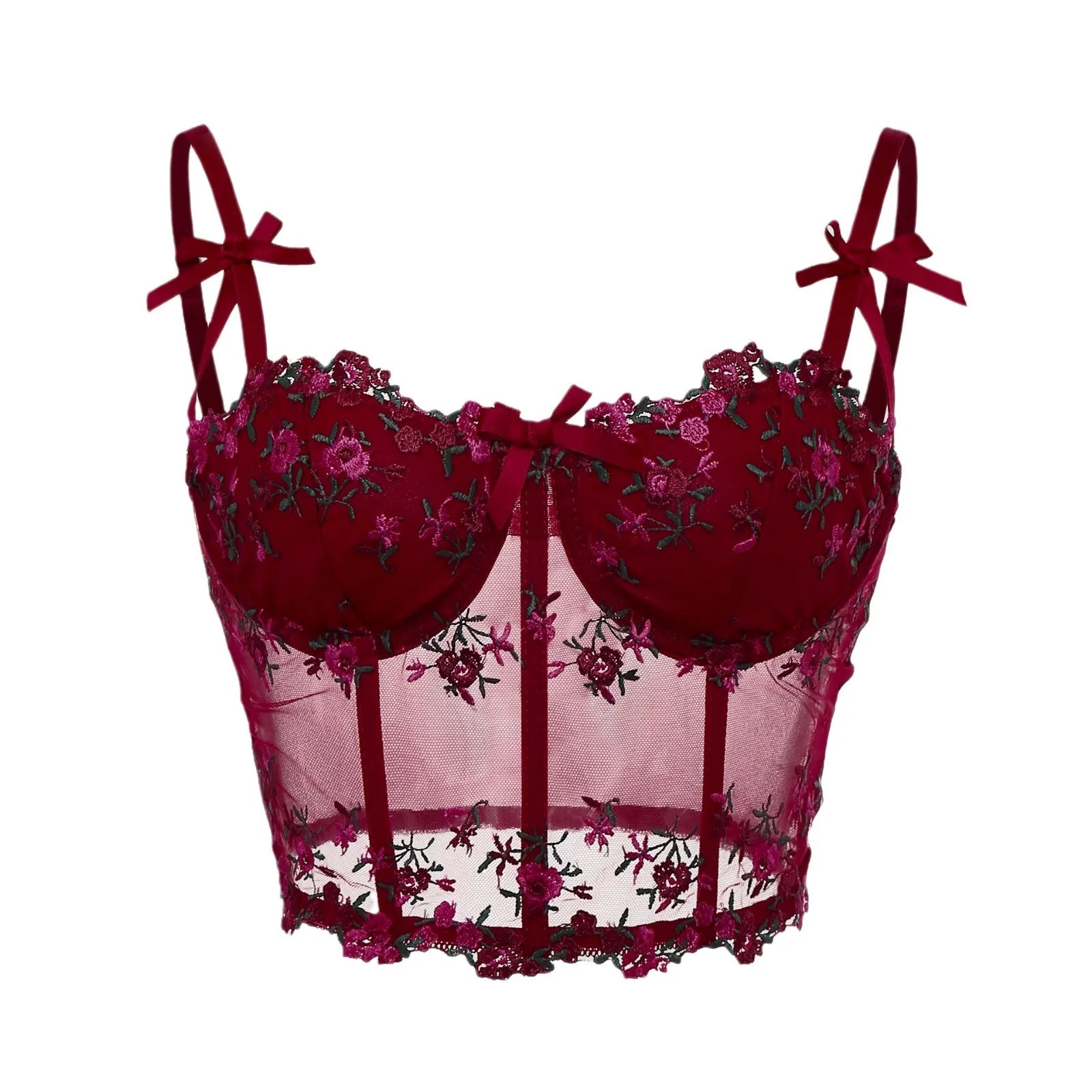 Sexy Lace Floral Embroidery Bow Corset For Women Camisole Sheer Mesh