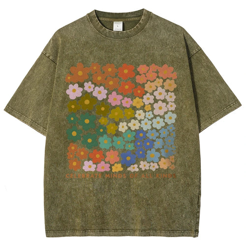100% Color Flower Letter Print T-Shirt Loose Retro Old Shoulder Wash