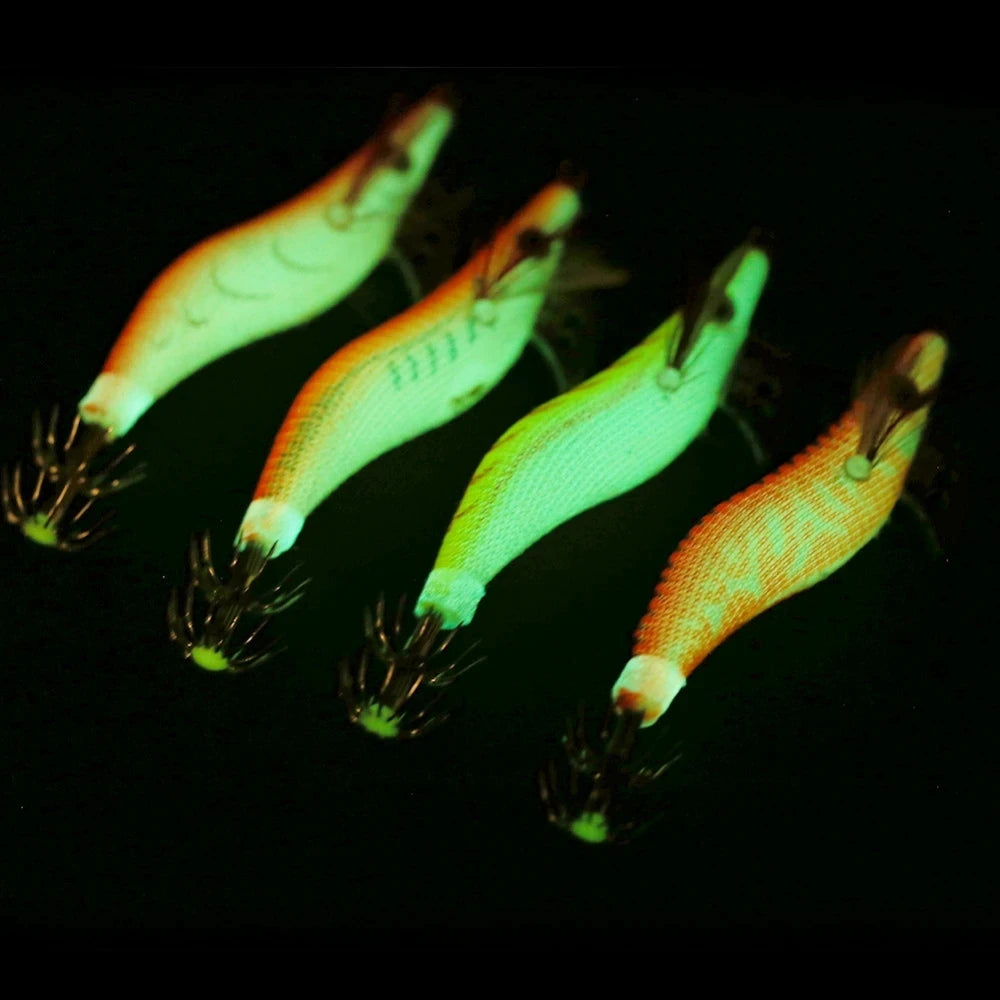 4PCS Fishing Lures Wrapped Prawn Lure Octopus Shrimp Wood Baits Squid