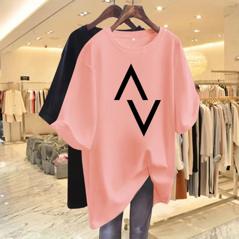 Loose casual cotton women's T-shirt with elegant printed short sleeved
