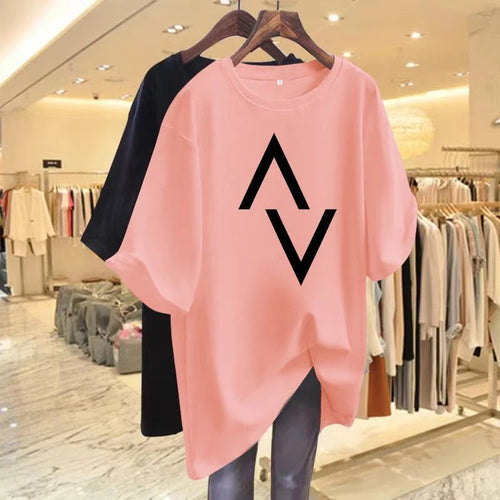 Loose casual cotton women's T-shirt with elegant printed short sleeved