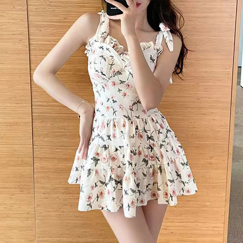 Women Sexy Halter Bandage Floral Print Double Layer Ruffle Mini Skirt