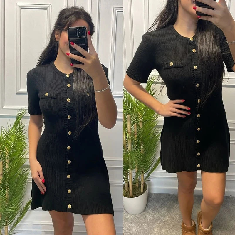 White Elegant Knitted Mini Dress For Women Metal Button Sexy Slim Rib
