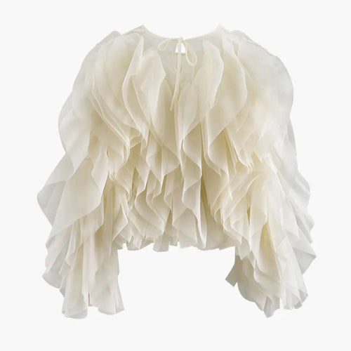 TWOTWINSTYLE Ruffles Shirts For Women O Neck Lantern Sleeve Loose