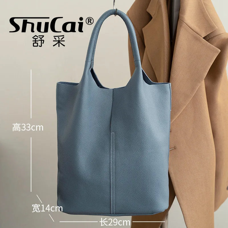 Genuine Leather Commuter Tote Bag Simple Ladies Soft Cowhide Tote