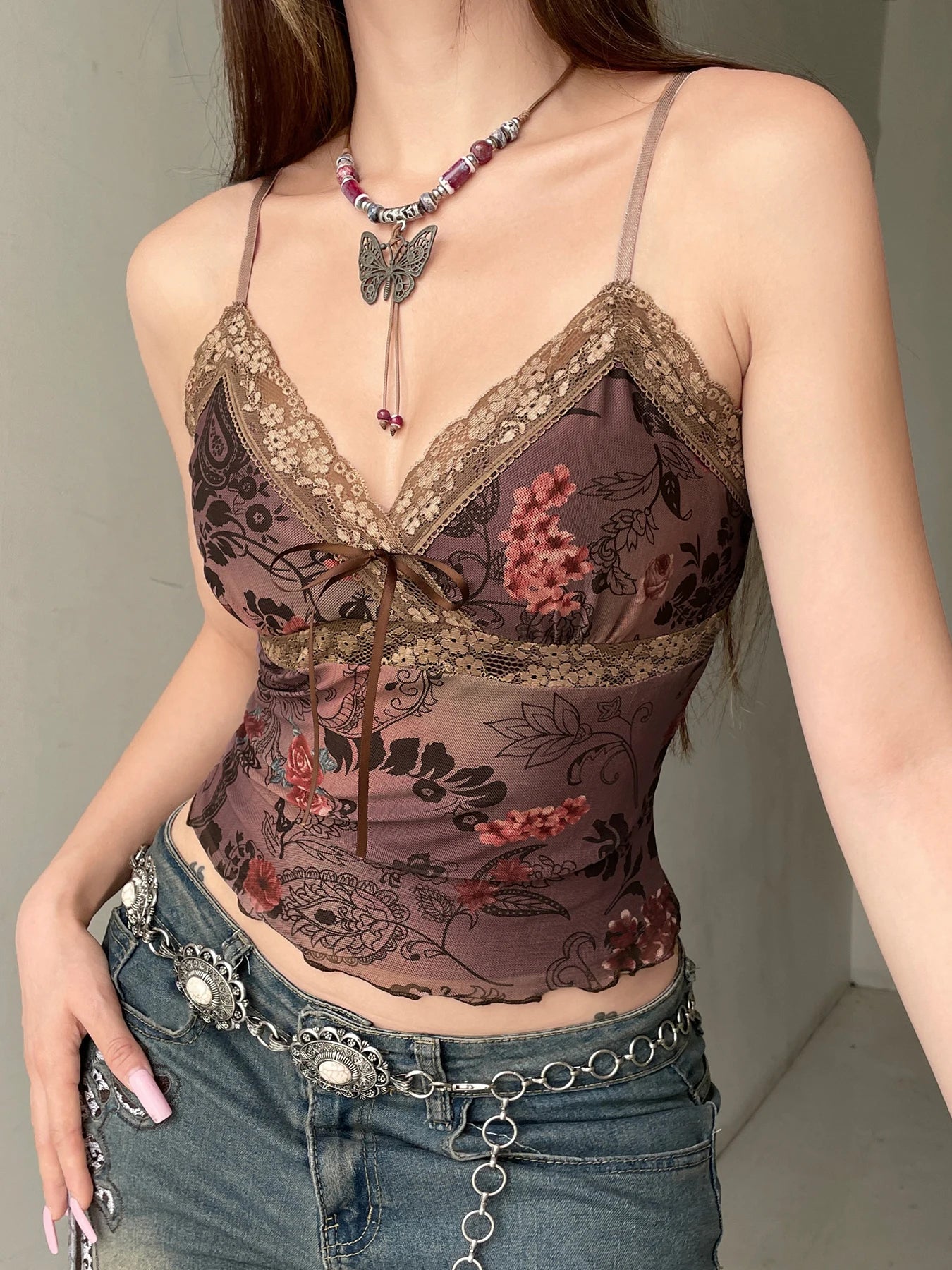 Rockmore Vintage Tulle Patchwork Floral Print Camis Women Mesh Lace