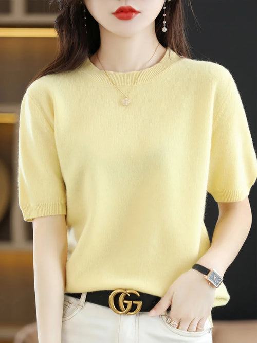 New Short-sleeved Knitwear Women O-neck T-shirt Wool Cotton Blend