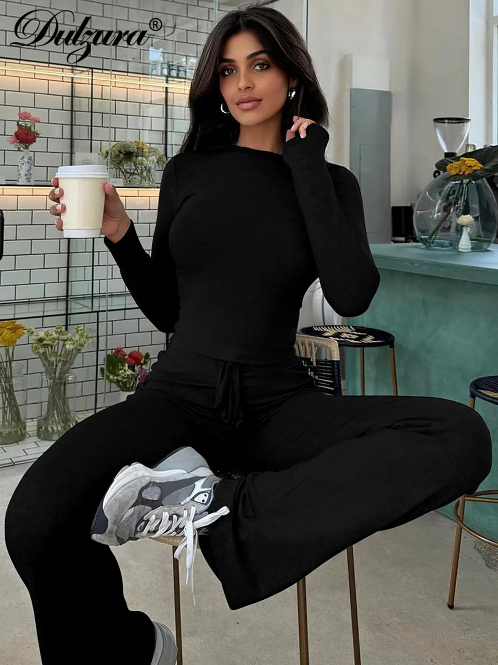 Dulzura Women’S Casual 2 Piece Pants Set Long Sleeves Bodycon Crop Top