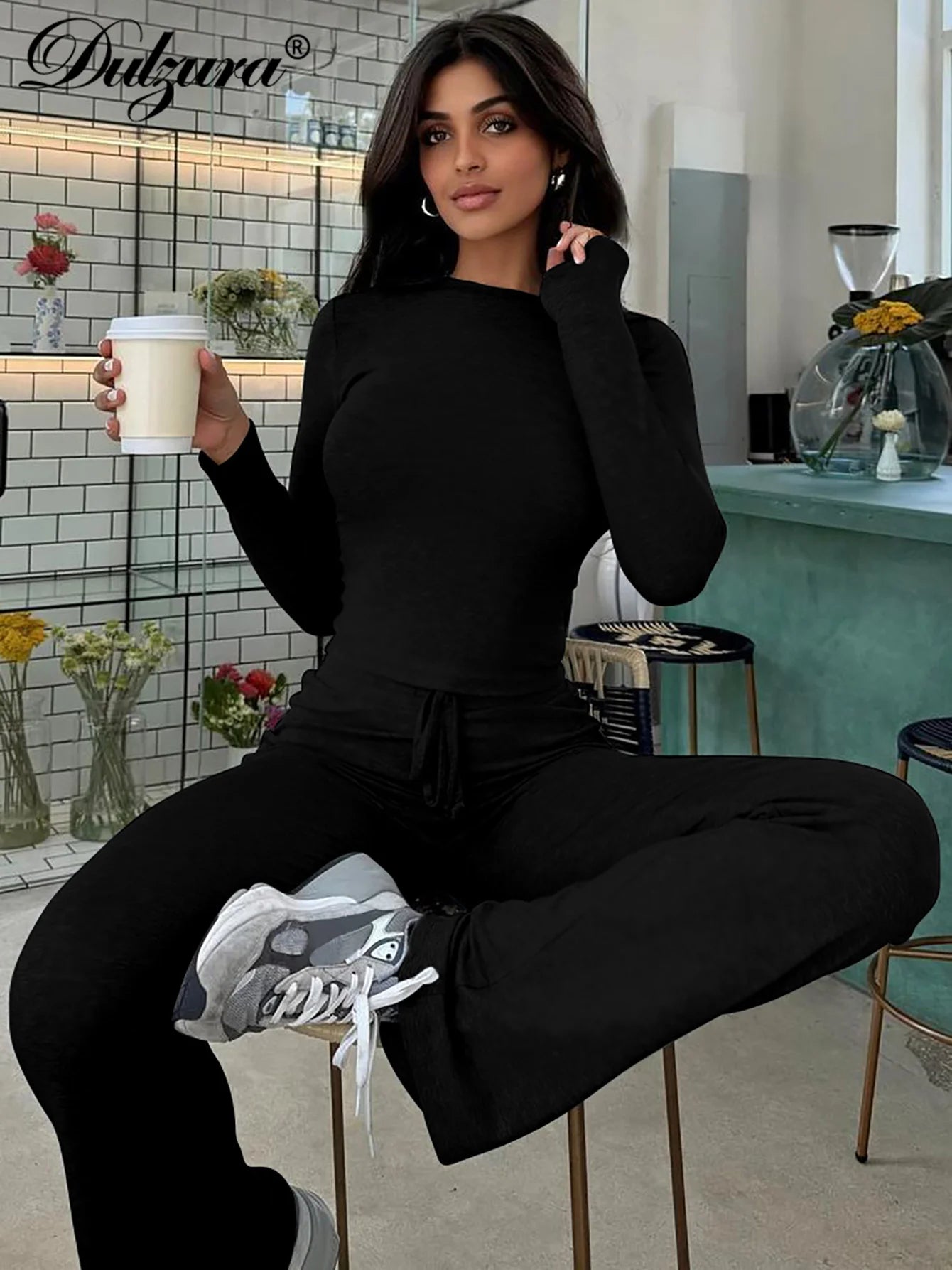 Dulzura Women’S Casual 2 Piece Pants Set Long Sleeves Bodycon Crop Top