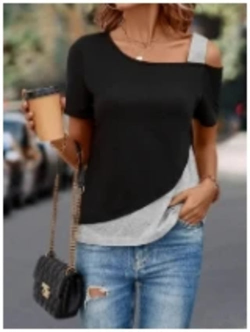 Chic Color Blocking Short Sleeved Women Solid Color Off Shoulder