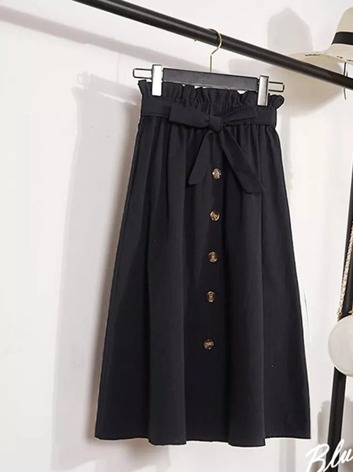 Summer Autumn Skirts Womens Midi Knee Length Korean Elegant Button