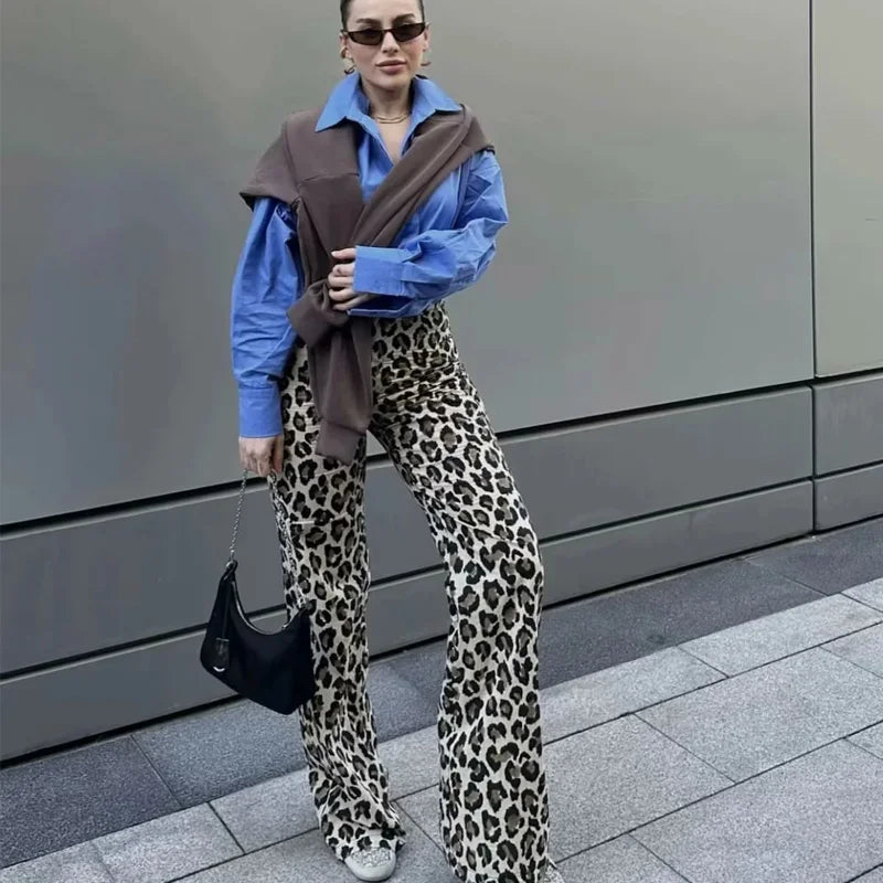 TRAF Vintage Leopard Pants Women High Waist Animal Print Baggy Pants