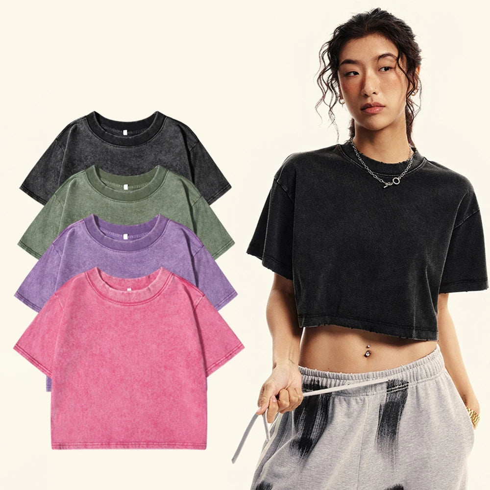 100% Cotton Washed T-Shirts For Women Loose O-Neck Crop Tops Y2k