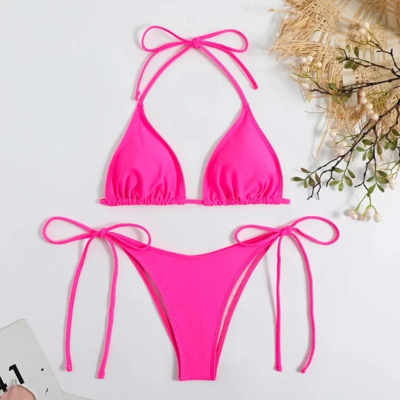 Sexy Women Thong Solid Color Bikini Set Side Halter Tie Swimsuit