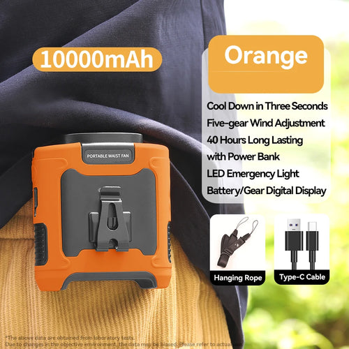 10000mAh Outdoor Portable Waist Fan Hanging Neck Fan Strong Wind with