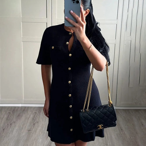White Elegant Knitted Mini Dress For Women Metal Button Sexy Slim Rib