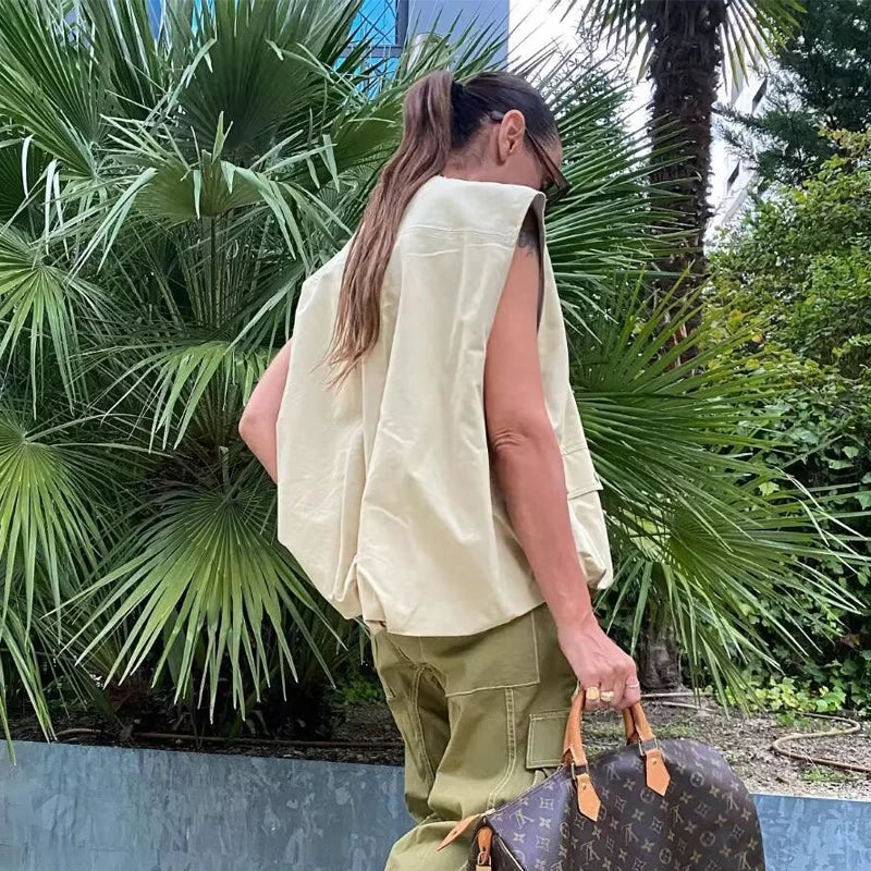MUJER Ruched Sleeveless Vest Women Zip Loose Summer Vests for Women