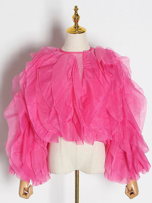 TWOTWINSTYLE Elegant Patchwork Ruffles Chiffon Blouses Women O Neck