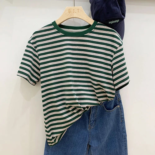 Summer Short Sleeve Striped T-Shirts Versatile Women Knitted Basic