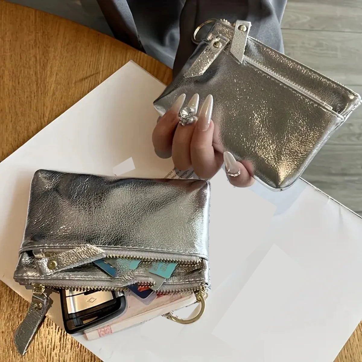 Silver zipper small wallet for women. Top layer cowhide mini pouch.