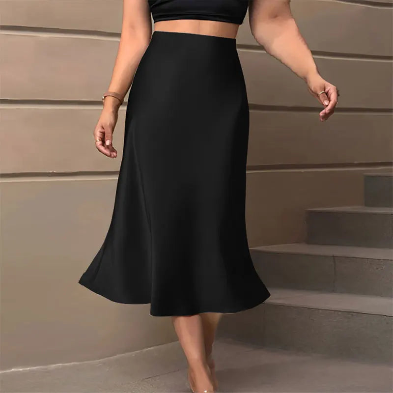 Satin Skirts for Women Korean Style Champagne Office High Waist A-line