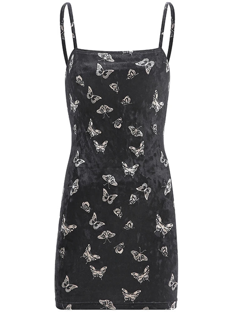 Harajuku Black Dress Women Gothic Spaghetti Strap Backless Off