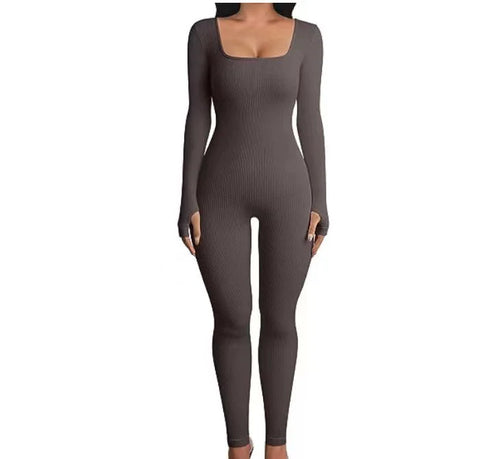 Solid Color Ribbed Yoga Jumpsuit, Seamless Slim Fit Long Sleeve Sports