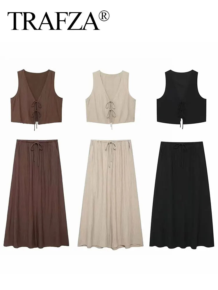 TRAFZA Women Fashion Vintage Solid Skirt Suit Bow Lace-up Tank Tops V