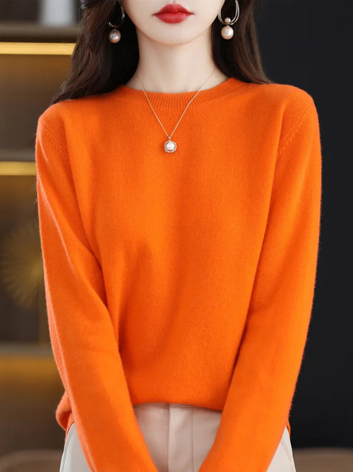 Fashion 100% Merino Wool Women's Sweater O-Neck Long Sleeve Pullover